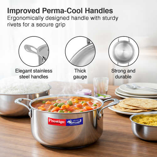 Prestige 22cm/4.25L Tri-Ply Stainless Steel Splendid Casserole| Gas and Induction Compatible |Even Heat Distribution| Thick Gauge Tri-Ply Body| Perma Cool Handles|15 Year Warranty