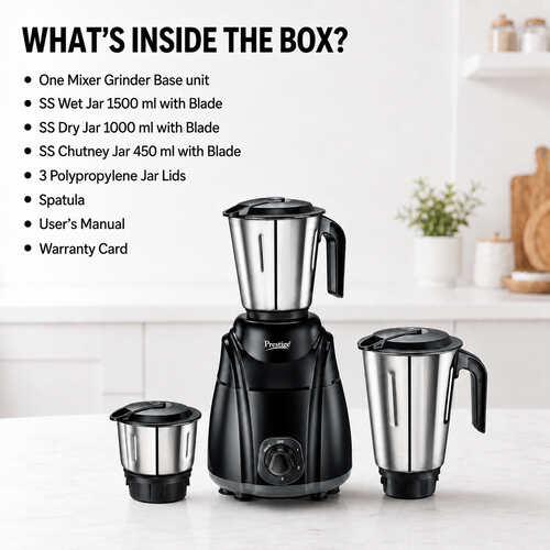 Prestige Elliot 750 Watt 3 Jar Mixer Grinder | Hybrid Copper Motor | 3 Speed Control with Pulse Function | 3 Stainless Steel Jars| Sturdy Ergonomic Handles| 2Y Warranty | ISI Certified