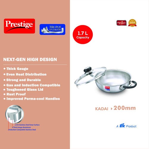 Prestige 20cm/1.6L Tri-Ply Stainless Steel Splendor Kadai with Lid| Gas & Induction Compatible| Even Heat Distribution| Strong and Durable| Perma-Cool Handles| Lifetime Warranty