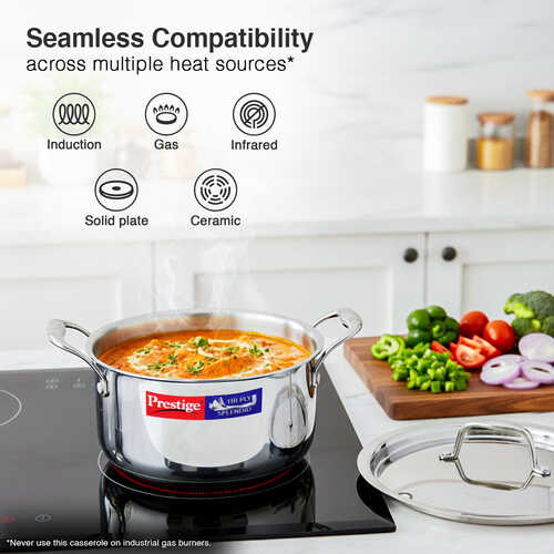 Prestige 20cm/3.2L Tri-Ply Stainless Steel Splendid Casserole| Gas and Induction Compatible |Even Heat Distribution| Thick Gauge Tri-Ply Body| Perma Cool Handles| 15 Year Warranty