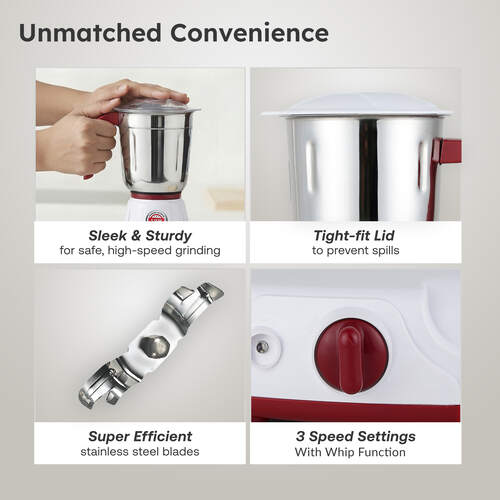 Prestige 750 Watts Deluxe LS Mixer Grinder with 3 Stainless Steel Jars| Unique Fail Safe Coupler| Flow Breaker Design| Cord Winder Storage| Red and White