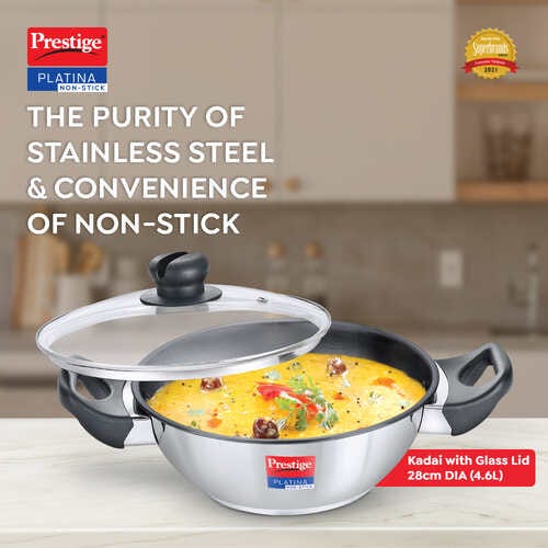 Prestige Platina Non-stick Stainless Steel Unique Impact Forged Bottom Kadai with Glass Lid, 28cm, 4.6L (Silver)