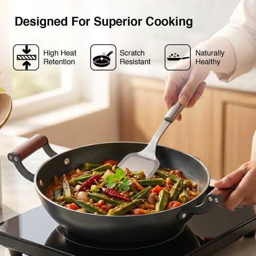 Prestige Castlite Patterned Enamel Coated Cast Iron Kadai 24cm/2.4L with Glass Lid | High Heat Retention, Rust-Proof | Gas & Induction Compatible | Low-Oil Cooking | Stay-Cool Handles | 15Y Warranty