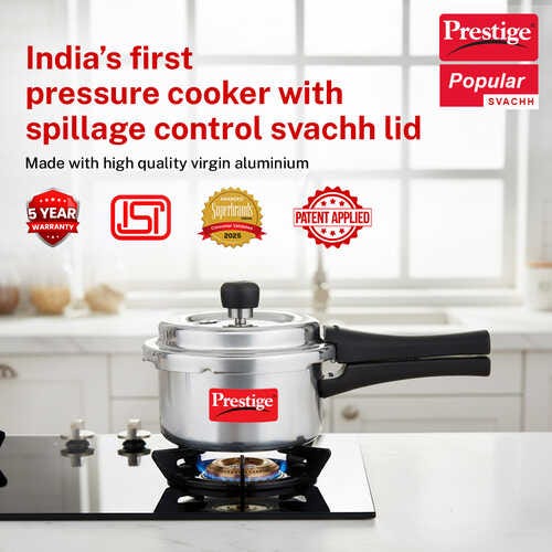 Prestige 2 Litre Aluminium Popular Svachh Outer Lid Pressure Cooker | Deep Lid for Spillage Control | Anti-Bulge Base | Gasket Release System | 5Y Warranty | ISI Certified