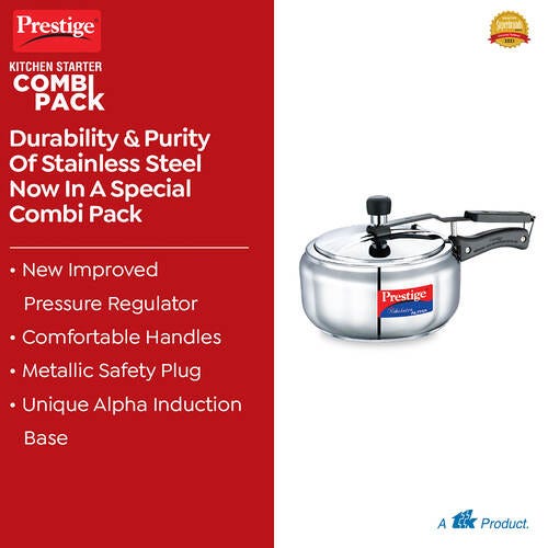 Prestige Nakshatra Alpha Gas and Induction Compatible Pressure Cooker (3.5 L) + Platina Popular Kadai with Glass Lid, 22 cm (2.25 L) Kitchen Set