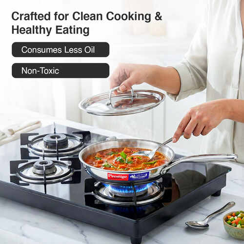 Prestige 20cm/1.0L Tri-Ply Stainless Steel Splendid Fry Pan with Lid|Gas and Induction Compatible|Even Heat Distribution| Thick Gauge Tri-Ply Body|15 Year Warranty