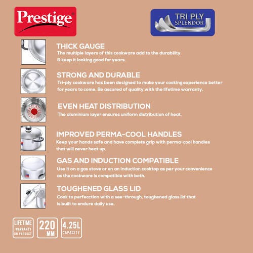Prestige 22cm/4.25L Tri-Ply Stainless Steel Splendor Casserole with Glass Lid|Gas and Induction Compatible| Even Heat Distribution|Strong and Durable| Perma-Cool Handles| Lifetime Warranty