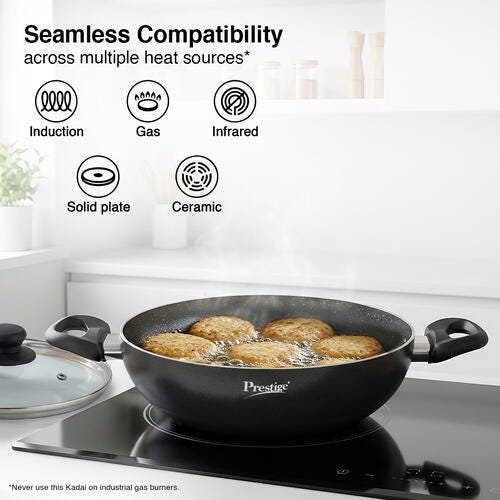Prestige Omega Deluxe Granite Non-stick Kadai with Glass Lid, 26cm, 3.25 L (Black)