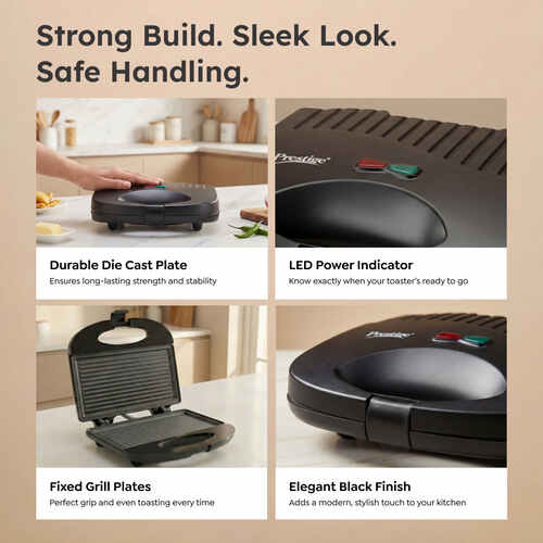 Prestige PGFSP - Spatter Coated Non-stick Sandwich Toaster with Fixed Grill Plate, Black