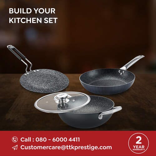 Prestige Durastone Hard Anodised Non-Stick Cookware Set - Fry Pan -24cm/1.9L, Concave Tawa - 24.5cm, Deep Kadai - 24cm/ 3.0L