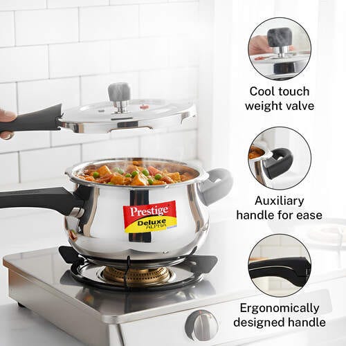 Prestige 3 Litre Stainless Steel Deluxe Alpha Svachh Outer Lid Pressure Cooker | Mini Handi | 10Y Warranty | Deep Lid for Spillage Control | TRIPLY Base | GRS | Gas & Induction Compatible | ISI