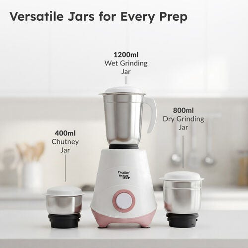Prestige 500W Nexus Mixer Grinder with 3 Stainless Steel jars|1200ml Wet Jar,800ml dry jar, 400ml chutney jar|3 Super-efficient Blades|3 motor setting|Sturdy Handles |2 Yrs Warranty|White & Rose Gold