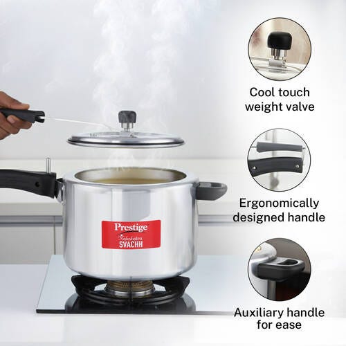 Prestige Nakshatra Svachh Aluminium Inner Lid Pressure Cooker with Unique Deep Lid for Spillage Control, 8 L
