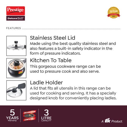 Prestige Deluxe Duo Plus Hard Anodised Pressure Cooker with 1 Glass Lid and 1 Stainless Steel Lid, 3 L (Black)