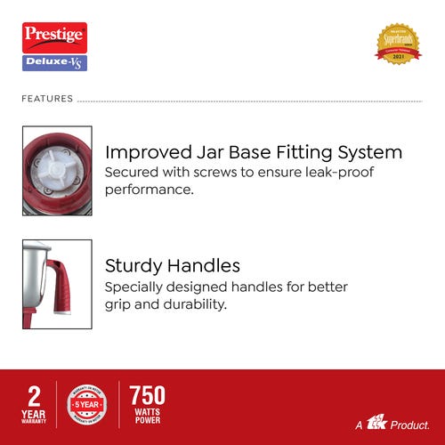 Prestige 750 Watts Deluxe-VS Mixer Grinder with 3 Stainless Steel Jars| Flow Breaker Design| Cord Winding Storage| Sturdy Handles| Red and White