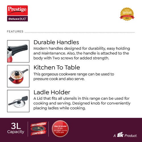 Prestige Deluxe Duo Plus Aluminium Gas and Induction Compatible Pressure Cooker with Glass Lid, (Red)
