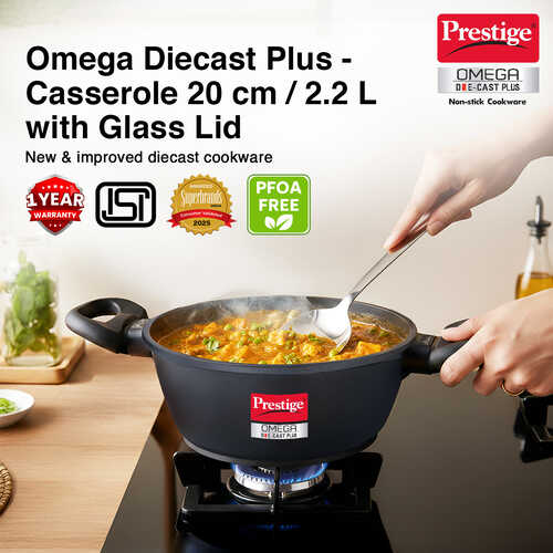 Omega Die-Cast Plus Aluminium Non-Stick Casserole with Glass Lid