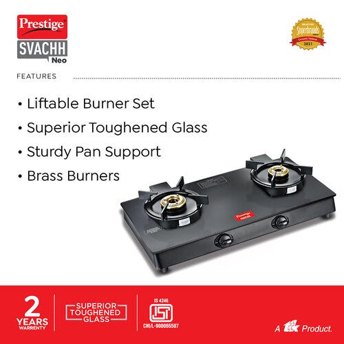 Prestige Svachh Neo Toughened Glasstop Gas Stove with Liftable Burners (Black)