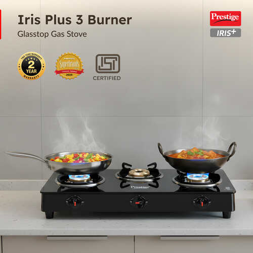 Prestige Iris 3 Burner Gas Stove | Toughened Glass Top | Tri-Pin Brass Burners | Ergonomic Knob | Black | 2Y Warranty | ISI Certified