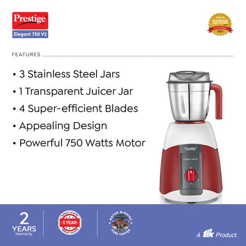 Prestige 750 Watts Elegant 750 V2 Mixer Grinder with 4 Jars (3 Stainless Steel Jars + 1 Juicer Jar)| Sturdy Handles| 4 Super Efficient Blades| Transparent Juicer Jar| Red and White