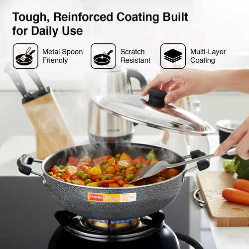 Prestige Omega Select Plus Superior Non-stick Coating Round Base Kadai with Lid, 25cm (Black)