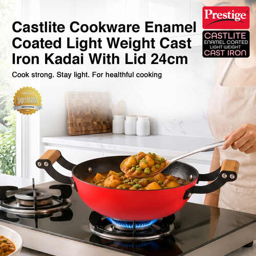 Prestige Castlite Enamel Coated Cast Iron Kadai 24cm/ 2.3L with Glass Lid | Lightweight, High Heat Retention | Gas & Induction Compatible | Low-Oil Cooking | Wooden Handles | Easy Clean |15Y Warranty