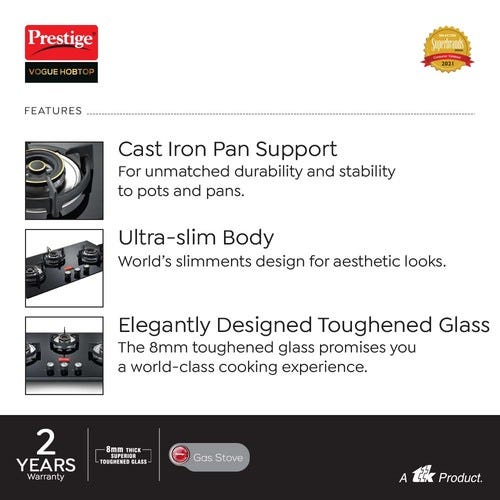 Prestige Vogue Auto Ignition Toughened Glass Hobtop (3 Burners) PHTV 03