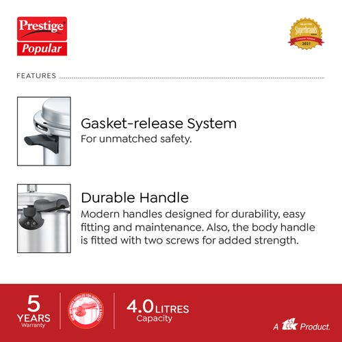 Prestige Popular Virgin Aluminium Precision Weight Valve Pressure Cooker, 4 L (Silver)