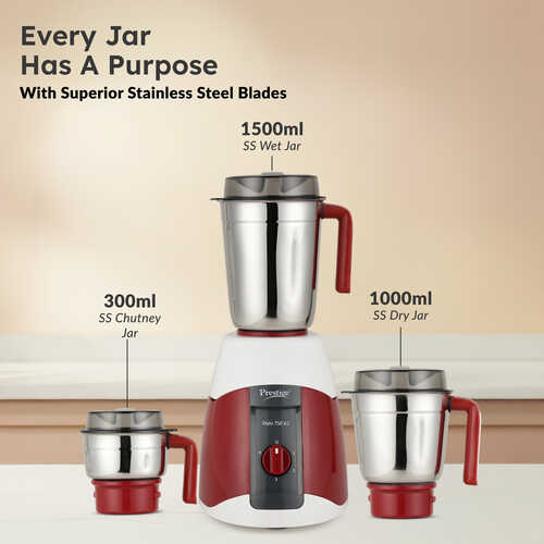 Prestige 750 Watts Stylo V2 Mixer Grinder with 3 Stainless Steel Jar| Ergonomic Design| See-Through Lids|Sturdy Handles| Durable Body| Red and White