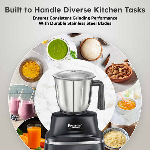Prestige Prisma Pro 750W 5 Jars Mixer Grinder|Stainless Steel Jars 3U, Multi Utility Jar 1 U, & Juice Jar 1 U|6 Super-Efficient Blades|Black & Silver