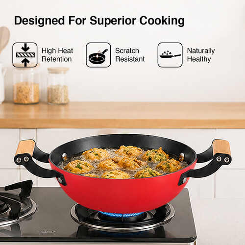 Prestige Castlite Enamel Coated Cast Iron Kadai 24cm/ 2.3L with Glass Lid | Lightweight, High Heat Retention | Gas & Induction Compatible | Low-Oil Cooking | Wooden Handles | Easy Clean |15Y Warranty