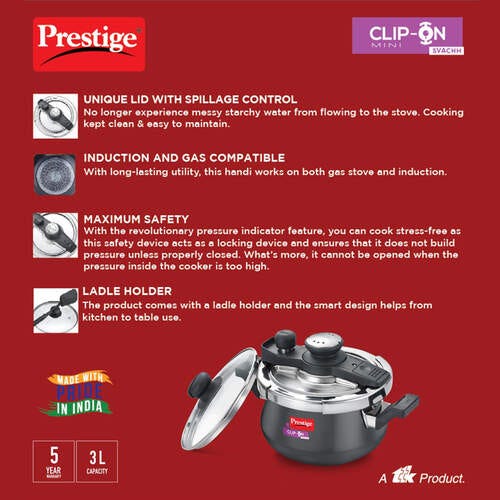 Prestige Clip-on Mini Svachh Hard Anodised Spillage Control Pressure Cooker with Glass Lid (Black)