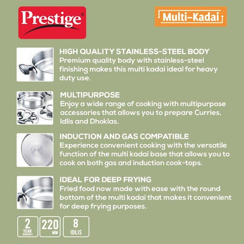 Prestige Stainless Steel Induction Base Multi-Kadai with Glass Lid (Dhokla Plate, Patra Plate, Idli Plates), (Silver)