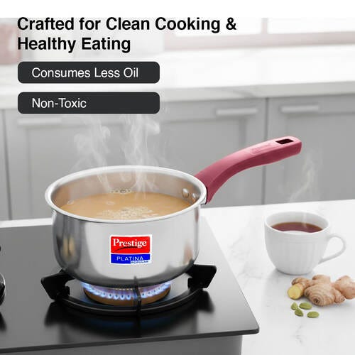 Prestige Platina Popular Stainless Steel Unique Impact Forged Bottom Sauce Pan with Glass Lid, 18cm (2 L) (Silver)