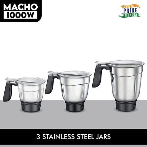 Prestige 1000 Watts Macho Mixer Grinder with 4 Jars (3 Stainless Steel Jars + 1 Juicer Jar)|Advance Lid Lock Mechanism| Stainless Steel Body| Silver & Black