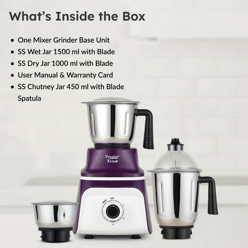 Prestige 750 Watts Prism Mixer Grinder with 3 Stainless Steel Jars| LED Power Indicator|Flow Breaker Design|Sturdy Handles| Purple and White
