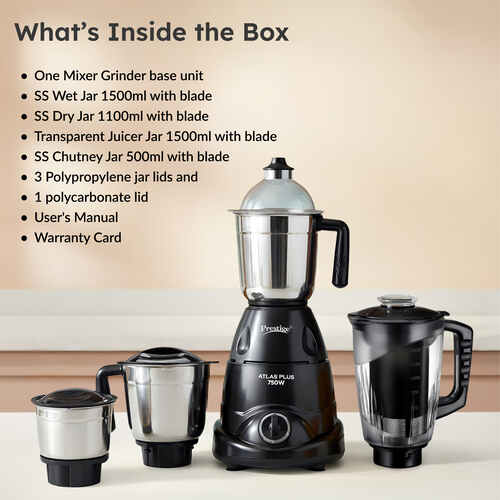 Prestige Atlas Plus Mixer Grinder, With Accessories - Stainless Steel Jars 3 Unit And Juicer Jar 1 Unit