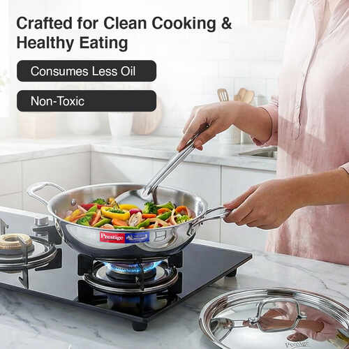 Prestige 28cm/4.0L Tri-Ply Stainless Steel Splendid Kadai with Lid|Gas and Induction Compatible|Even Heat Distribution| Thick Gauge Tri-Ply Body| Perma Cool Handles|15 Year Warranty