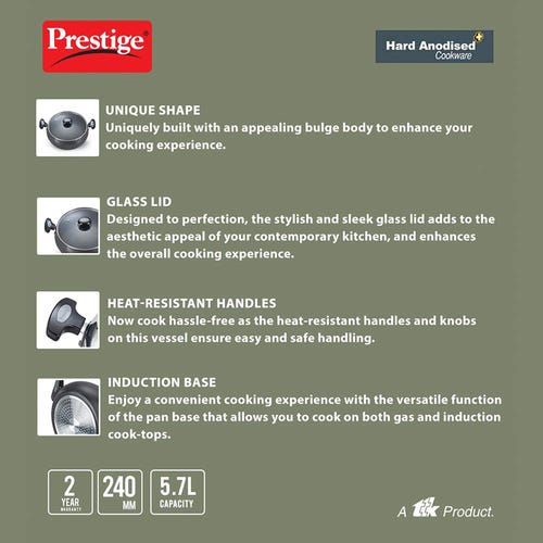 Prestige Hard Anodised Plus Gas and Induction Compatible Sauce Pan with Glass Lid, 24cm (Black)