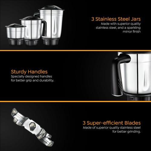 Prestige 500 Watts Superb Plus Mixer Grinder with 3 Stainless Steel Jars|Sturdy Handles| Flow Breaker| Blue and Black
