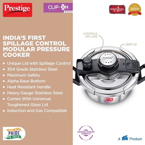 Prestige Clip-on Mini Svachh Stainless Steel Spillage Control Pressure Cooker (Silver)