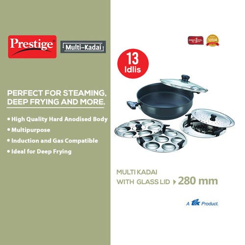 Prestige Hard Anodised Induction Base Multi-Kadai with Glass Lid (Dhokla Plate, Patra Plate, Idli Plates), (Black)