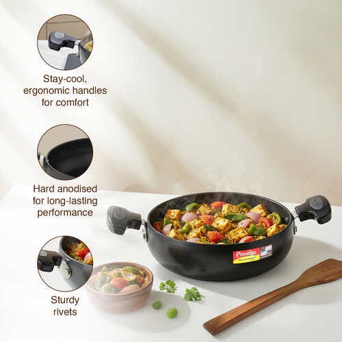 Prestige Hard Anodised Plus Gas and Induction Compatible Kadai with Glass Lid, 30 cm, Black
