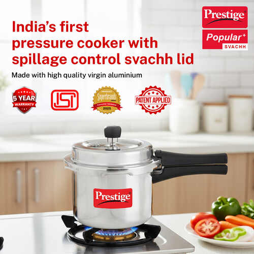 Prestige Popular Plus Svachh Virgin Aluminium Spillage Control Pressure Cooker, 3 L (Silver)
