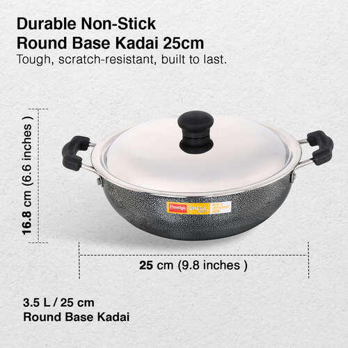 Prestige Omega Select Plus Superior Non-stick Coating Round Base Kadai with Lid, 25cm (Black)