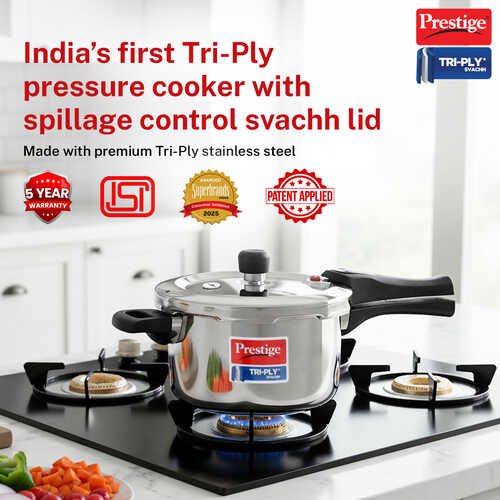Prestige Svachh Triply Outer Lid Pressure Cooker with Unique Deep Lid for Spillage Control, 5 Litre, Silver