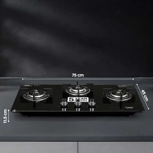 Prestige Efficia Convertible 3 Burner Glasstop Hob|One-Touch Advance Auto-Ignition|Cast-Iron Pan Support|Toughened Glass|SABAF Burners|Ultra-Slim Body|5 Years Warranty on Glass|Black