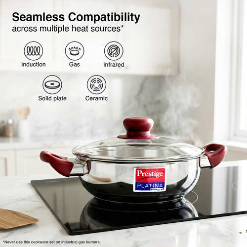 Prestige Platina Popular Stainless Steel Unique Impact Forged Bottom Kadai with Toughened Glass Lid, 20cm (1.5 L) (Silver)