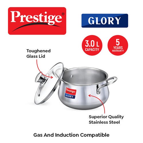 Prestige Glory Stainless Steel Cookware Handi With Glass Lid
