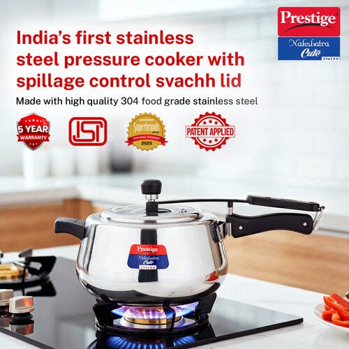 Prestige Nakshatra Cute Svachh Stainless Steel Spillage Control Pressure Cooker, 5 L (Silver)